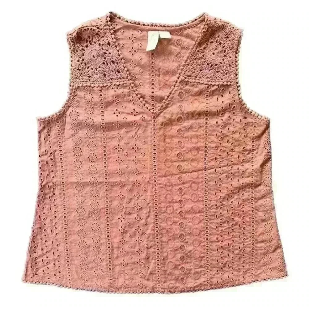 Joie Women's Sleeveless Tank 100% Cotton Crochet Eyelet Boho Size Small Pink
